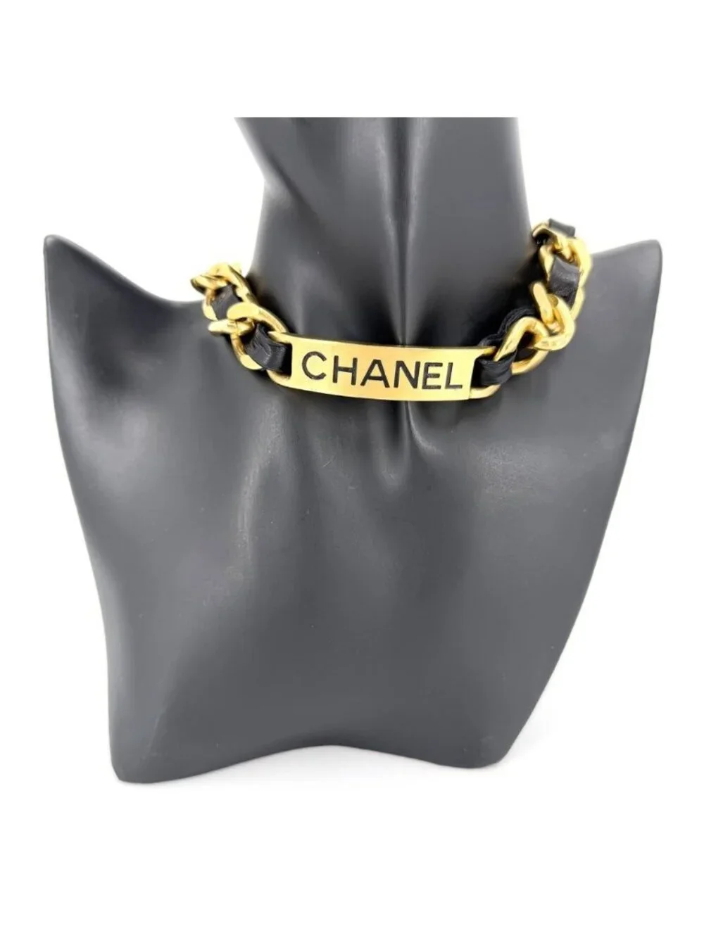 Chanel Choker CC Logo Plate Necklace Adjustable Leather 95P Gold Black